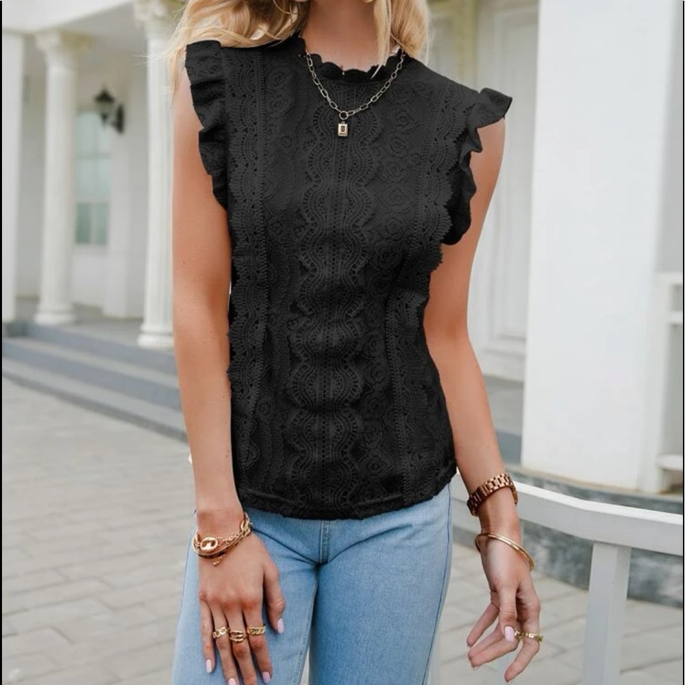 Boho Floral Lace Ruffle Sleeve Top Blouse - Picture 4 of 14